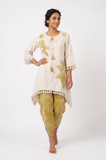 Ivory & Mustard Floral Indo-Western Dhoti Co-Ord Set