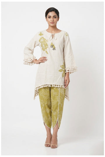 Ivory Floral Print Kurta With Tulip Pants Set
