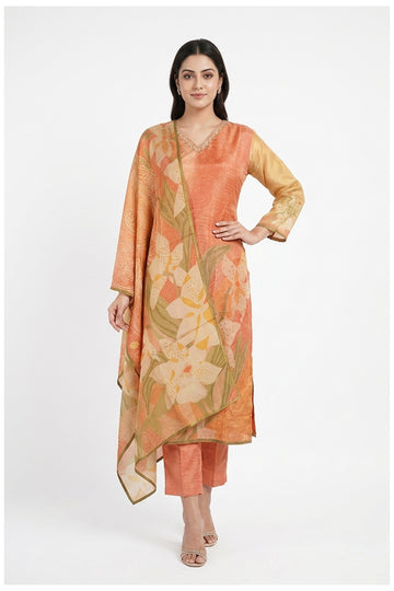 Peach Floral Printed Kurta Pant Set With Dupatta