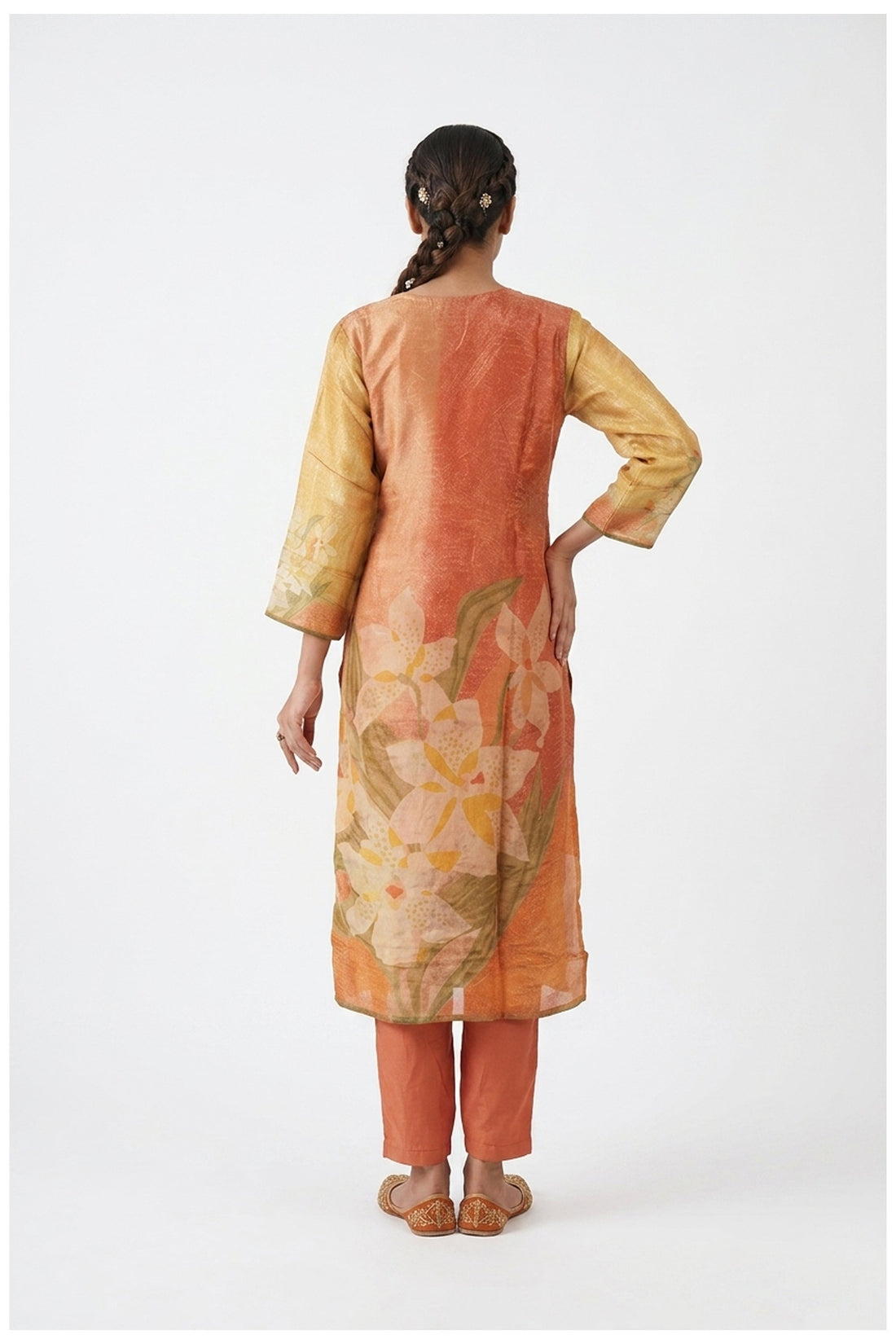 Peach Floral Printed Kurta Pant Set With Dupatta