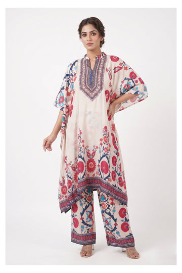 Ivory Floral Printed Kaftan Co-Ord Set