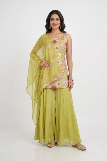 Lime Yellow Floral Embroidered Kurta Palazzo Set With Organza Dupatta