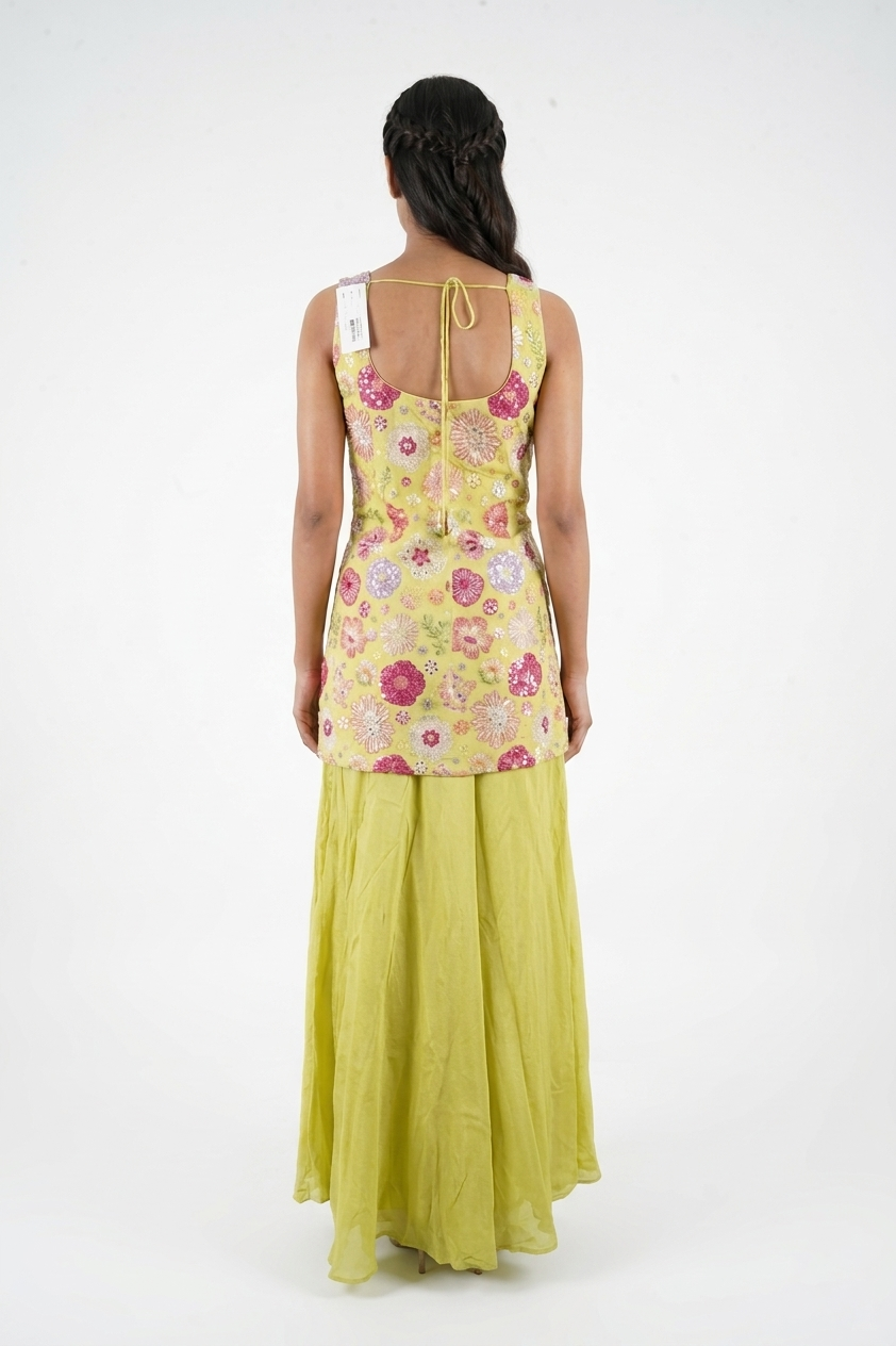 Lime Yellow Floral Embroidered Kurta Palazzo Set With Organza Dupatta