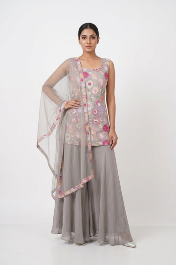 Rosy Grey Floral Embroidered Kurta Set With Palazzo & Dupatta