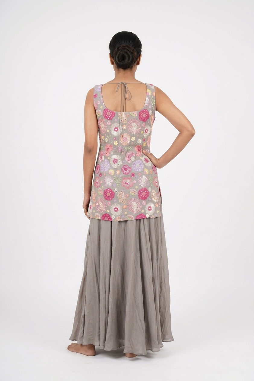 Rosy Grey Floral Embroidered Kurta Set With Palazzo & Dupatta