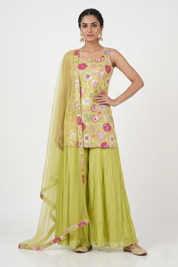 Lime Green Floral Embroidered Kurta Palazzo Set With Dupatta