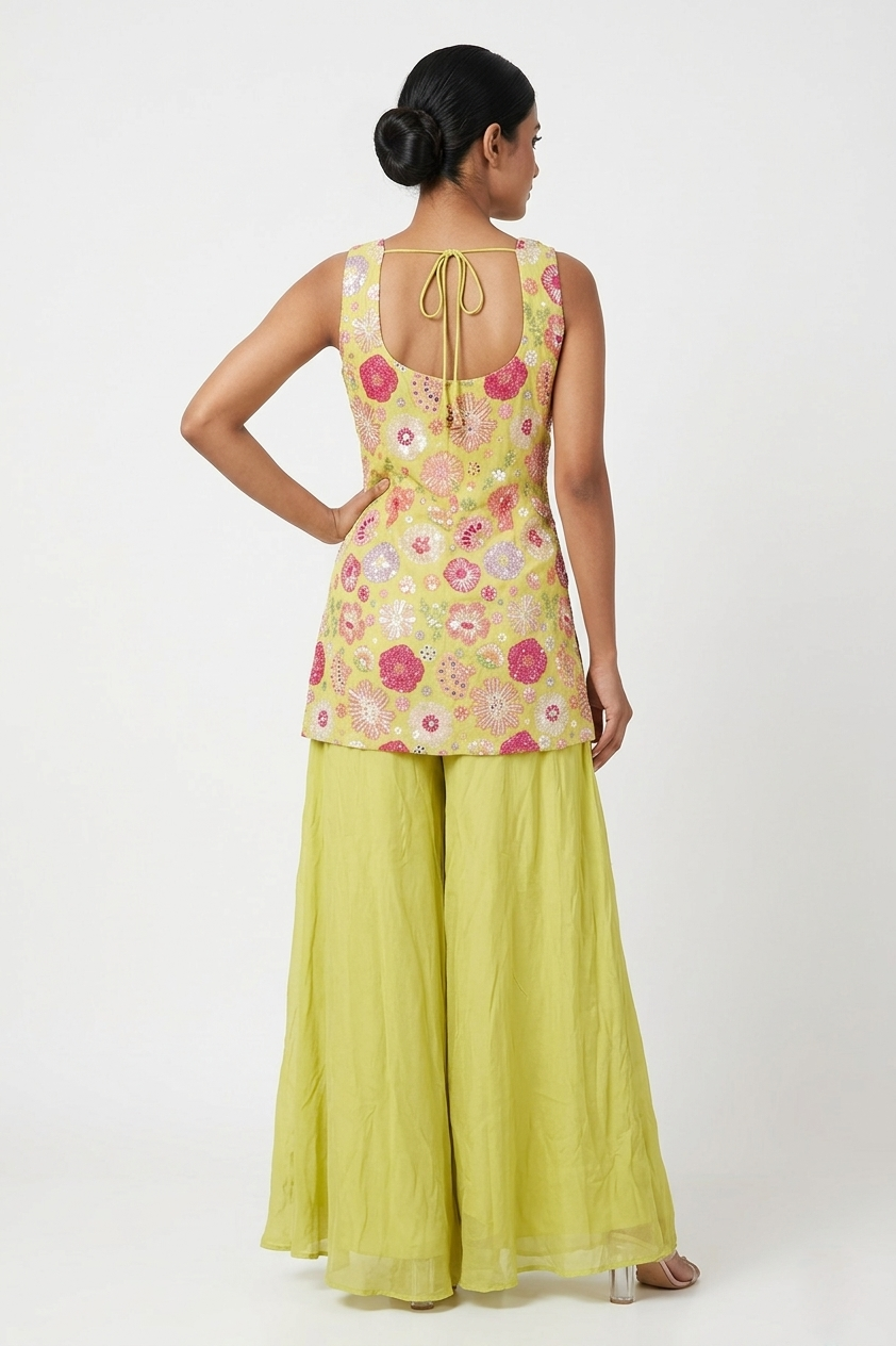 Lime Green Floral Embroidered Kurta Palazzo Set With Dupatta