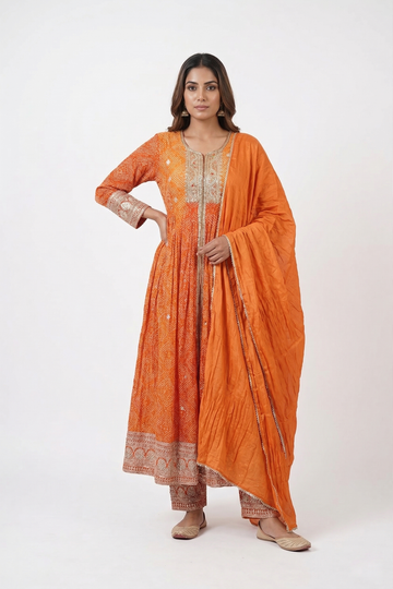Vibrant Orange Printed Kurta Set with Embroidered Neckline & Dupatta