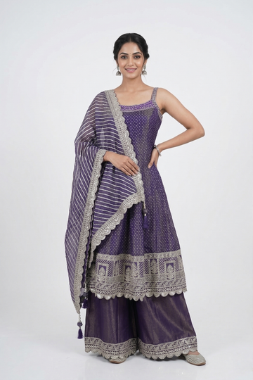 Light Indigo Embroidered Kurta Set With Palazzo & Striped Dupatta