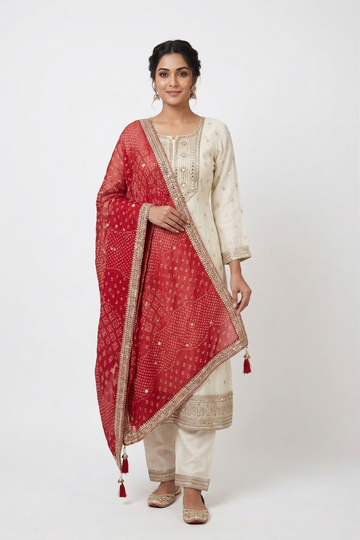 Ivory Embroidered Kurta Set with Red Bandhani Dupatta