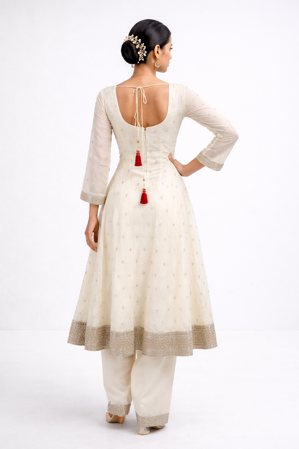 Ivory Embroidered Kurta Set with Red Bandhani Dupatta