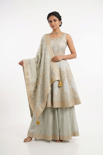 Pastel Blue &amp; Sage Green Zari Embroidered Lehenga Set