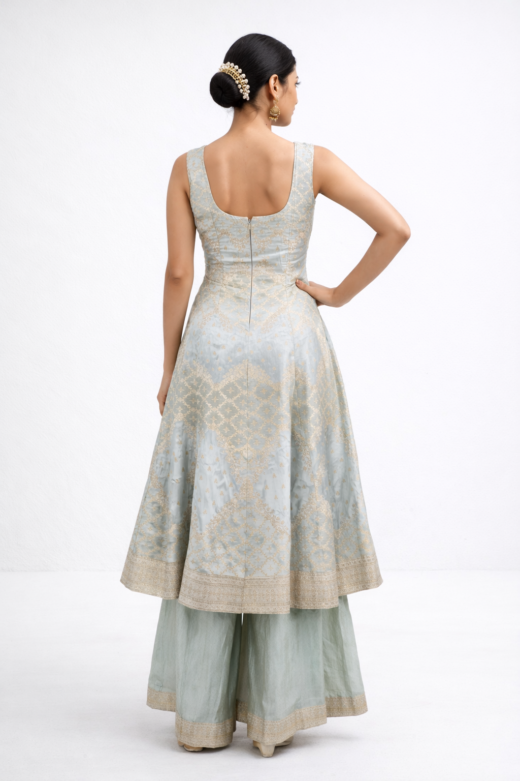 Pastel Blue &amp; Sage Green Zari Embroidered Lehenga Set