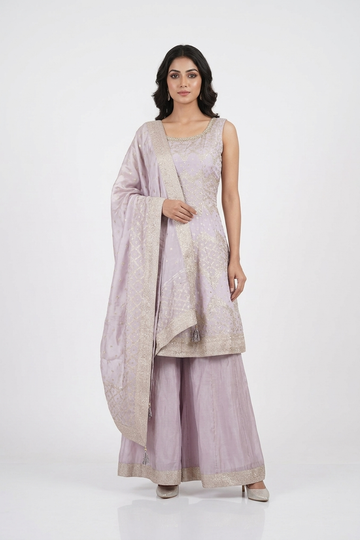 Lavender Luxe Embroidered Kurta Sharara Set With Organza Dupatta