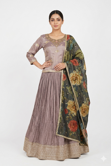 Lavender Bloom Designer Lehenga Set With Floral Organza Dupatta
