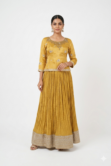 Mustard Yellow Embroidered Lehenga Set With Pleated Skirt & Designer Blouse