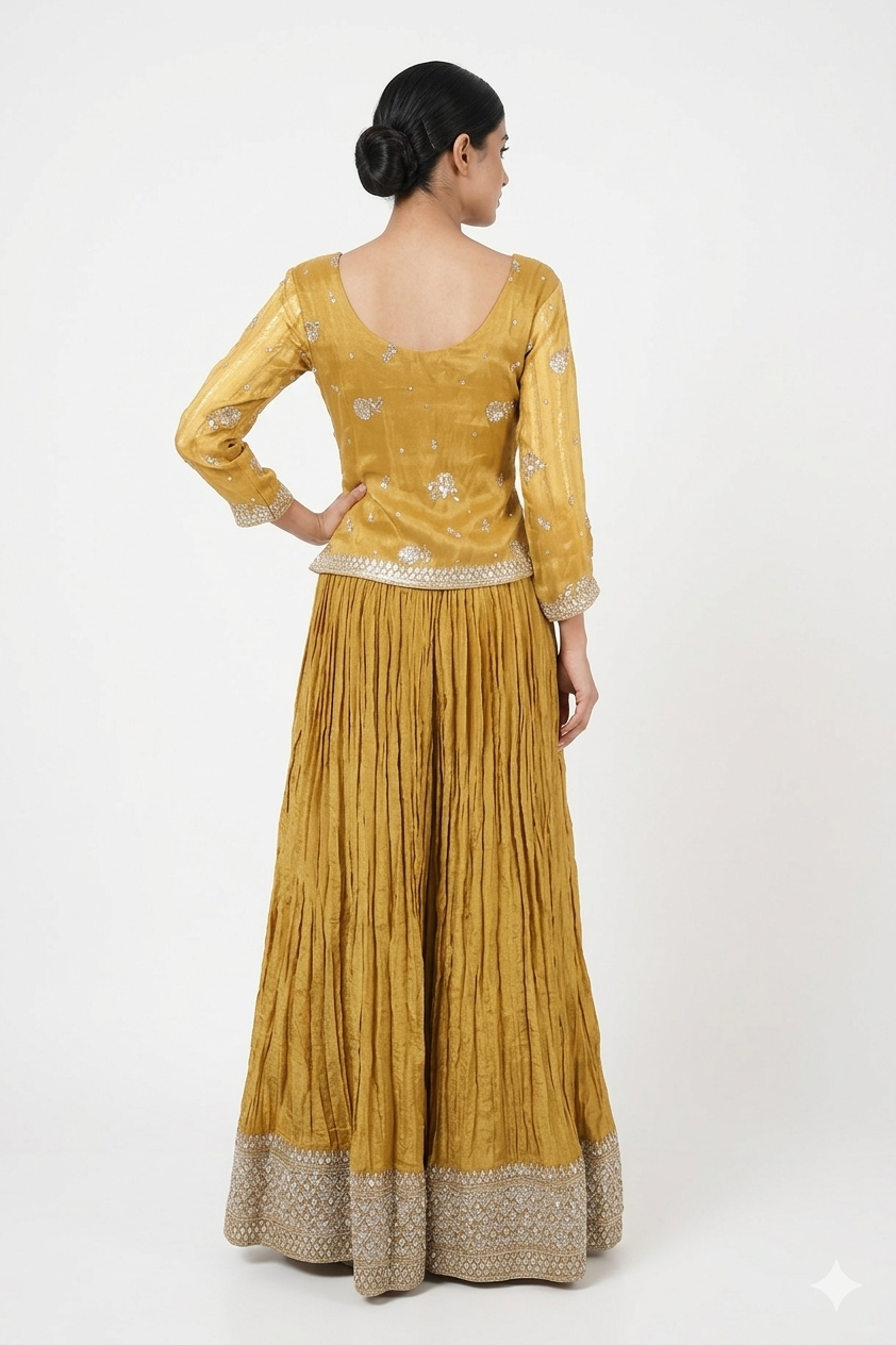Mustard Yellow Embroidered Lehenga Set With Pleated Skirt & Designer Blouse