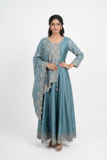 Dusty Blue Embroidered Designer Gown Set With Dupatta