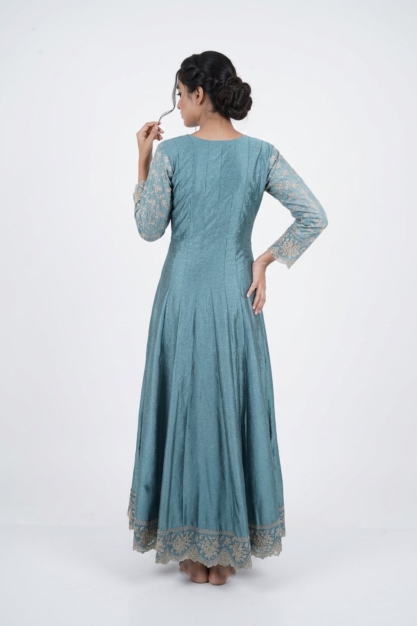 Dusty Blue Embroidered Designer Gown Set With Dupatta