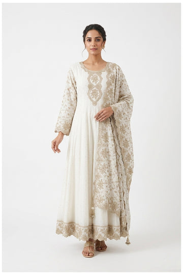 Ivory Embroidered Anarkali Dress With Dupatta
