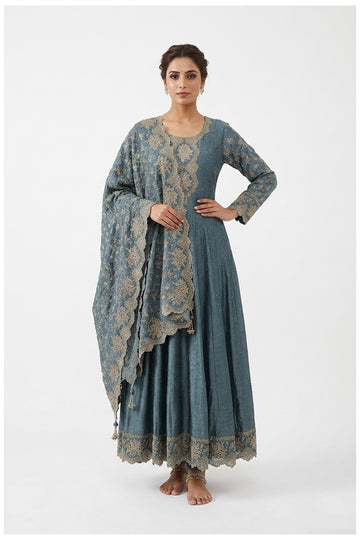 Steel Blue Embroidered Anarkali Dress With Dupatta