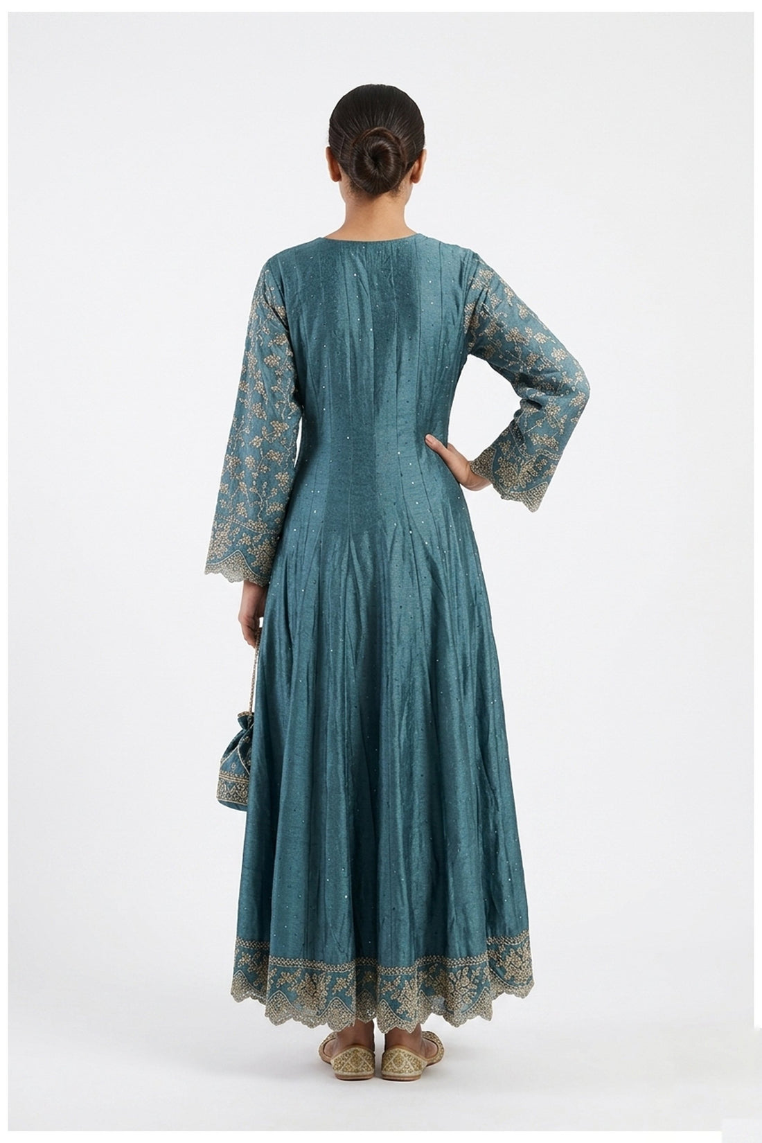 Steel Blue Embroidered Anarkali Dress With Dupatta