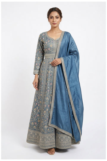 Steel Blue Luxury Embroidered Anarkali Dress With Dupatta