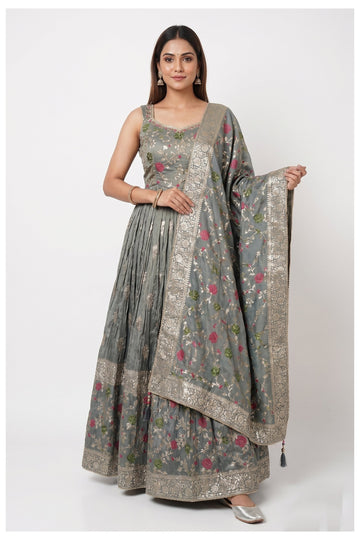 Steel Grey Floral Embroidered Anarkali Set With Banarasi Dupatta