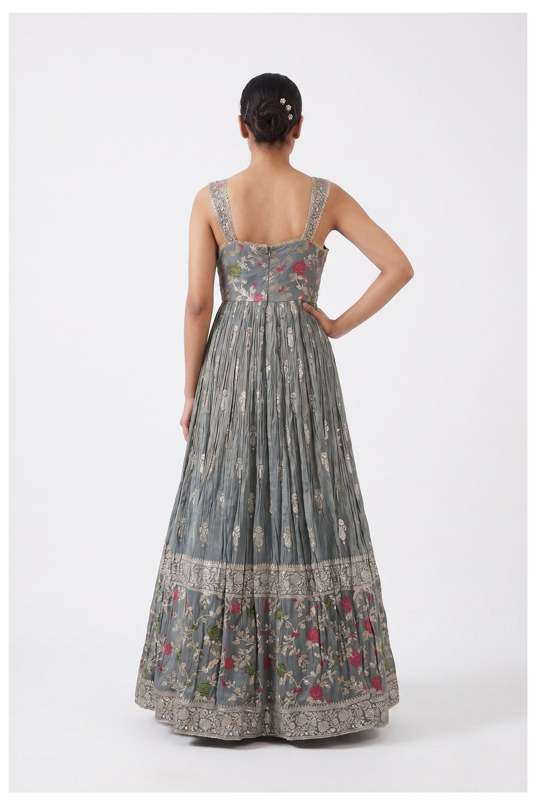 Steel Grey Floral Embroidered Anarkali Set With Banarasi Dupatta