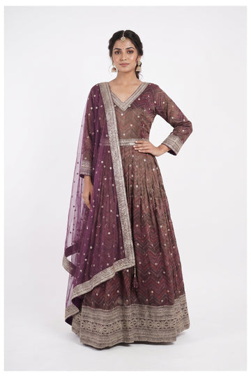 Wine Purple Designer Anarkali Gown Set With Embroidered Dupatta