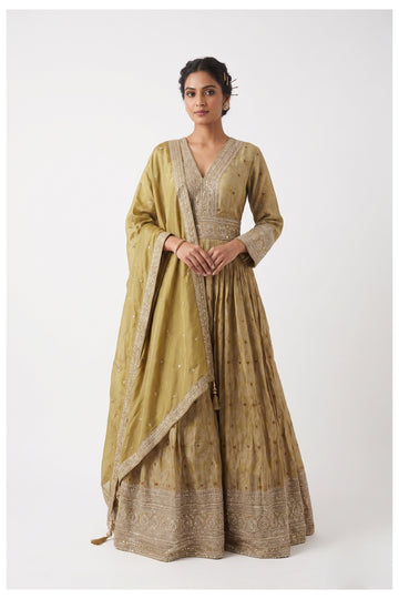 Olive Gold Embroidered Anarkali Gown Set With Dupatta