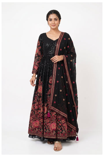 Black Floral Embroidered Anarkali Set With Dupatta