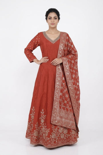 Rust Elegance Embroidered Anarkali Gown Set
