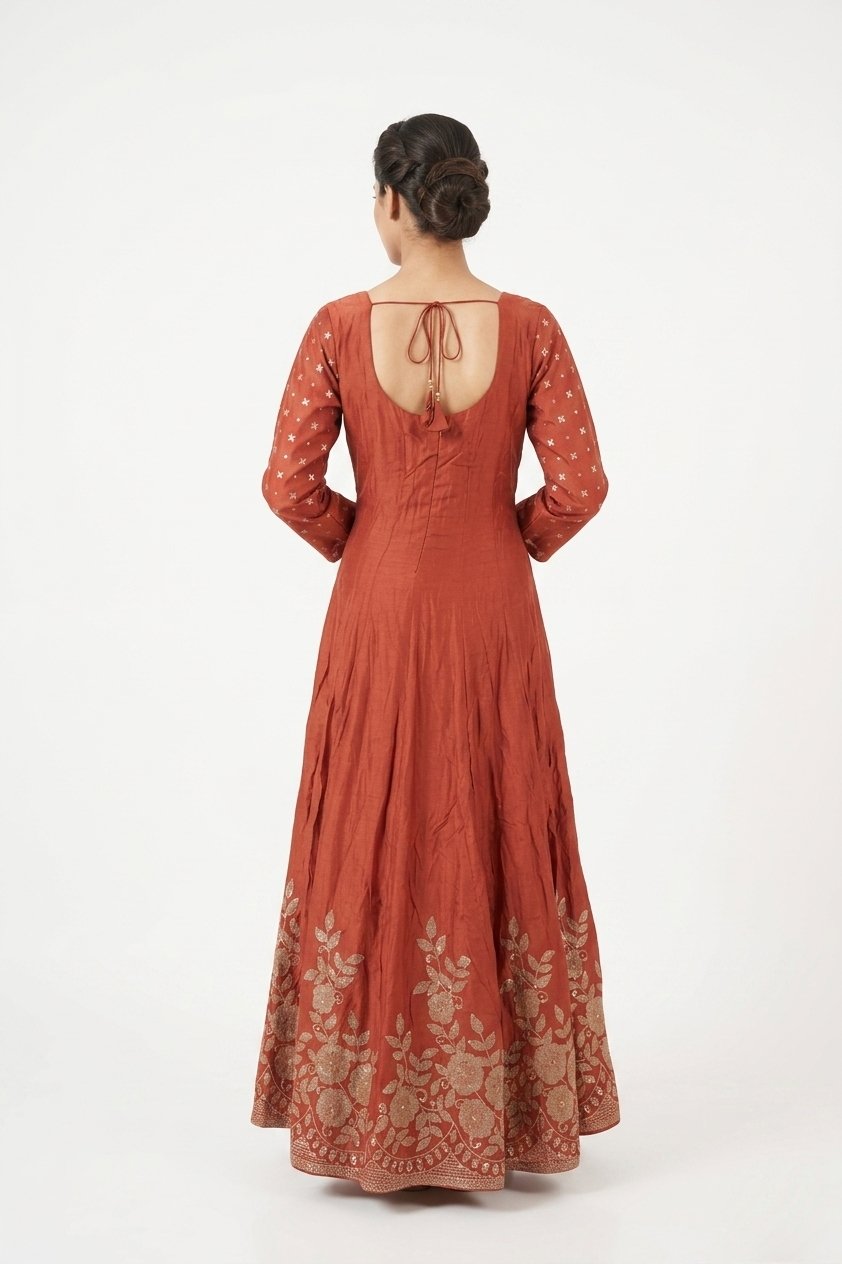 Rust Elegance Embroidered Anarkali Gown Set