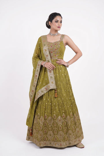 Olive Majesty Embroidered Anarkali Gown Set