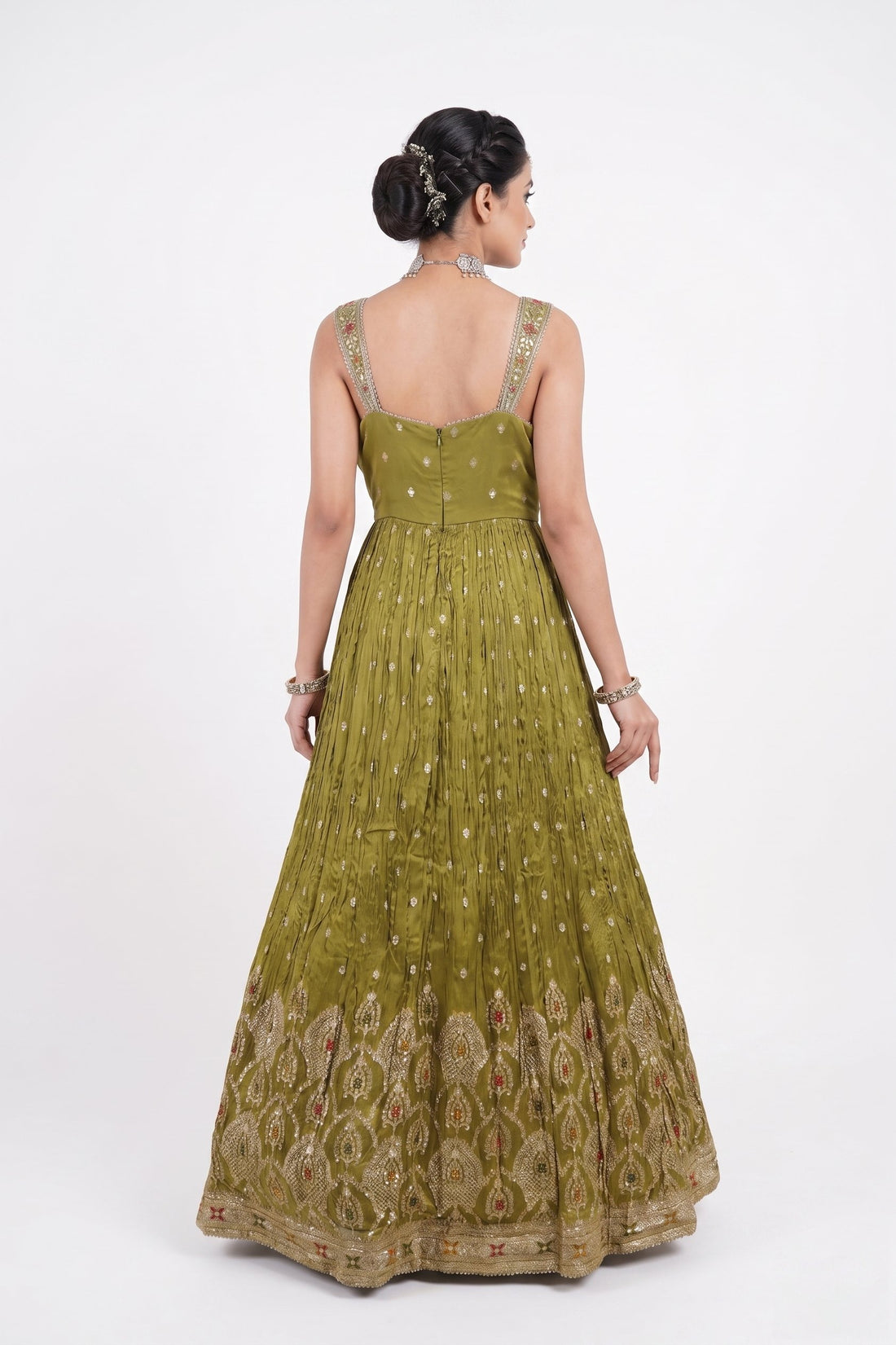 Olive Majesty Embroidered Anarkali Gown Set