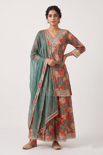 Sea Green Floral Designer Palazzo Suit Set