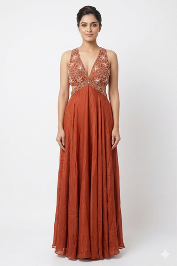 Rust Red Embellished Halter Neck Anarkali Gown