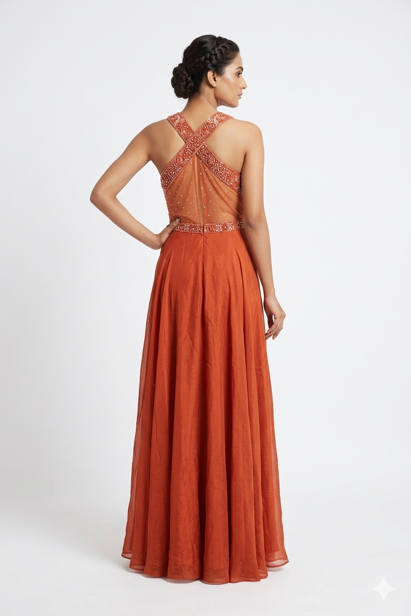 Rust Red Embellished Halter Neck Anarkali Gown