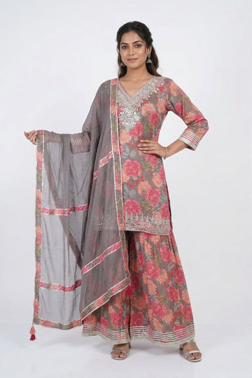 Grey Floral Indo-Western Sharara Set With Organza Dupatta