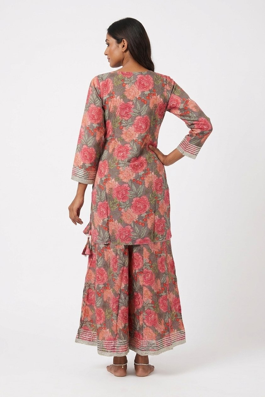 Grey Floral Indo-Western Sharara Set With Organza Dupatta