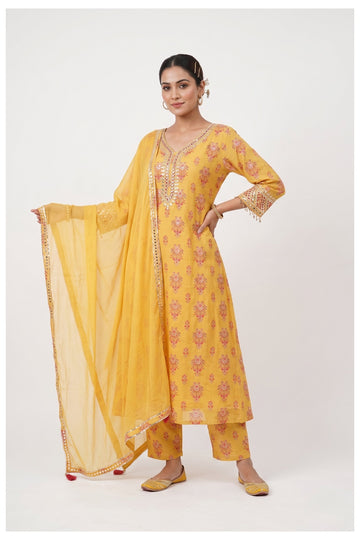Sunshine Yellow Floral Printed Kurta Pant Set With Dupatta