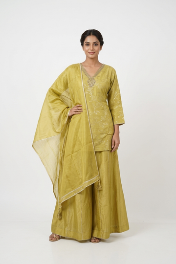 Mustard Gold Embroidered Kurta Palazzo Set With Organza Dupatta