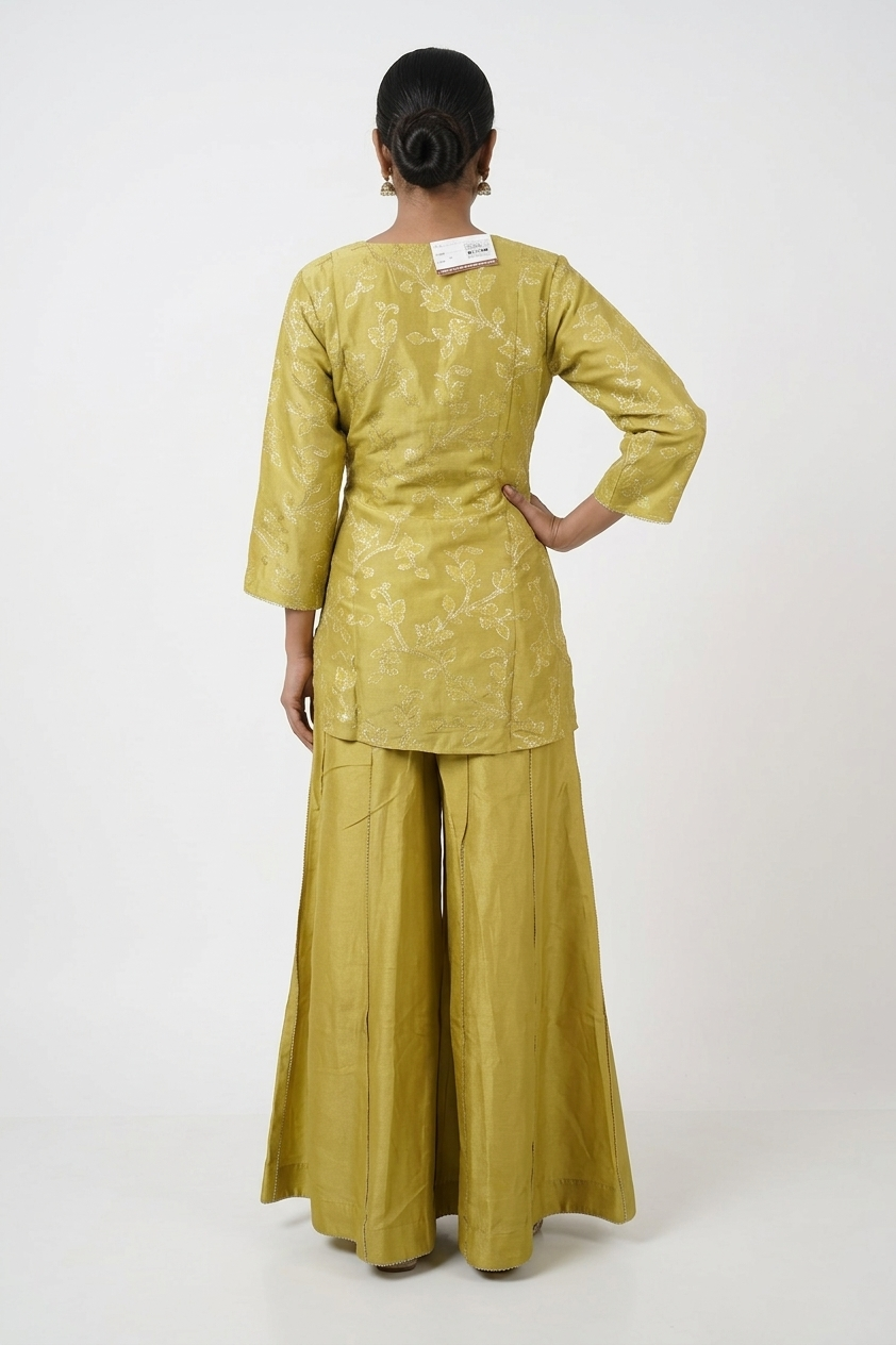 Mustard Gold Embroidered Kurta Palazzo Set With Organza Dupatta