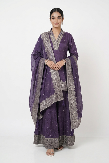Royal Purple Zari Embroidered Kurta Sharara Set With Banarasi Dupatta