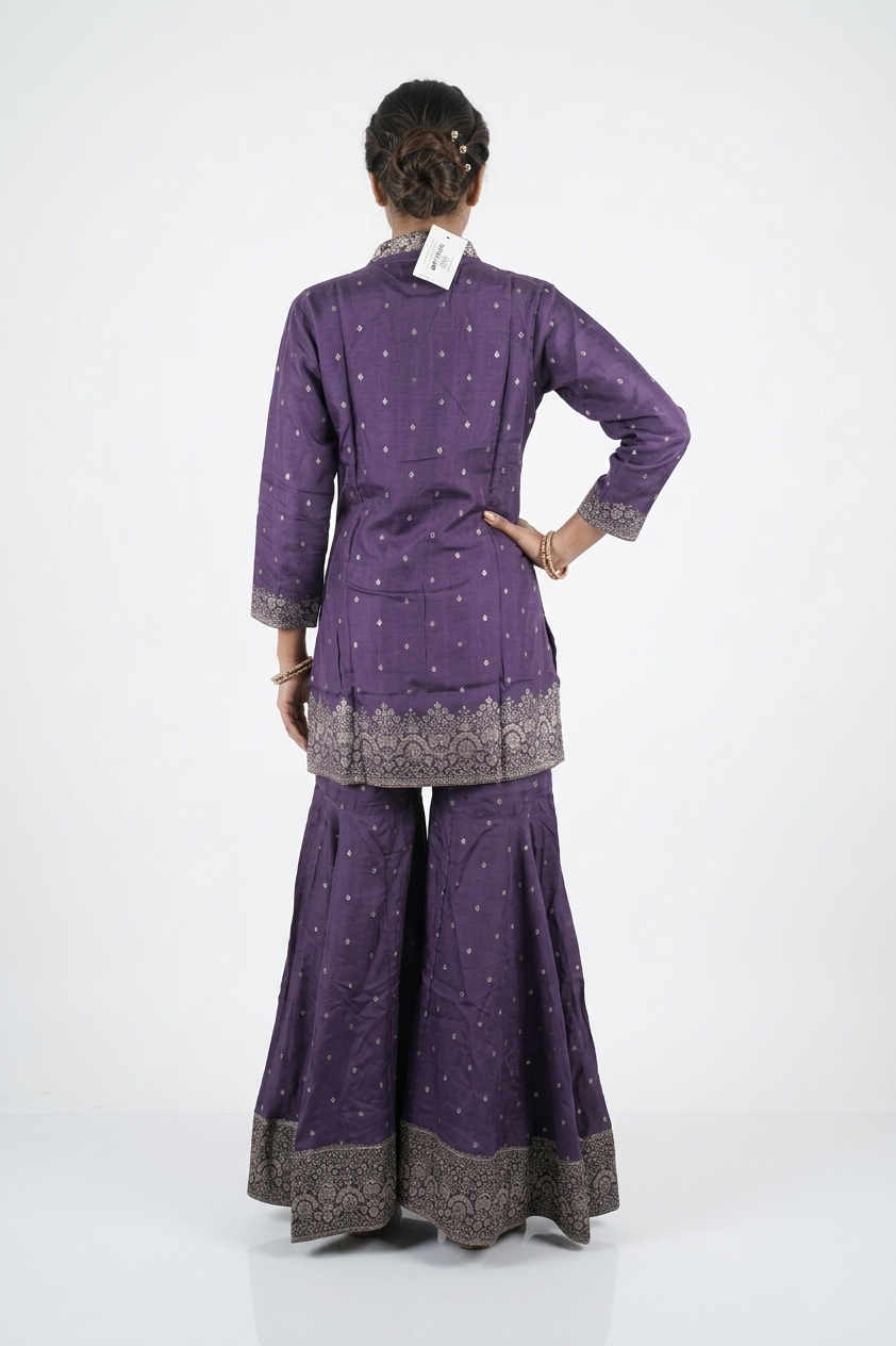 Royal Purple Zari Embroidered Kurta Sharara Set With Banarasi Dupatta