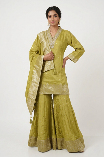 Olive Green Zari Woven Kurta Sharara Set With Dupatta
