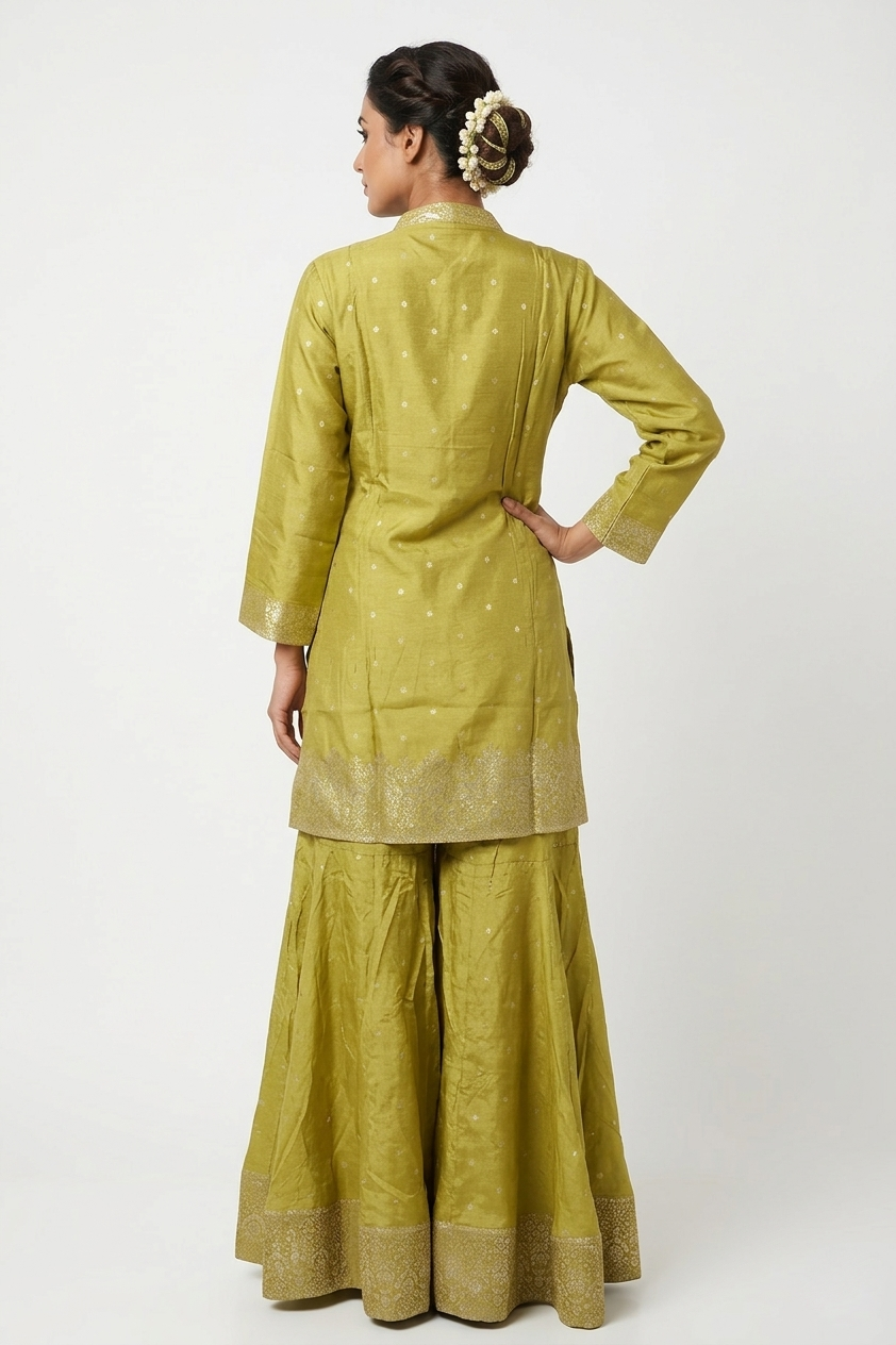 Olive Green Zari Woven Kurta Sharara Set With Dupatta