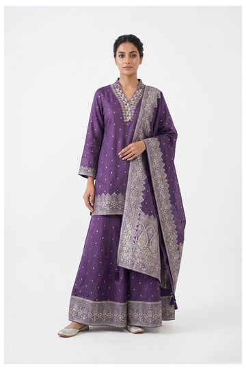 Royal Purple Banarasi Kurta Palazzo Set With Dupatta