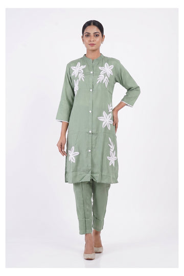 Sage Green Floral Embroidered Indowestern Kurta Set